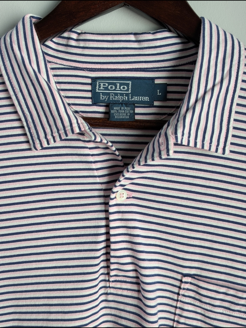 Polo Ralph Lauren Polo Shirt Men Large Pima Cotton Pink Navy Blue Striped Pocket